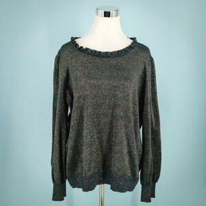WYSE 5 Size 12 US Navy Blue Shimmer Ruffle Scoop Neck Long Sleeve Sweater